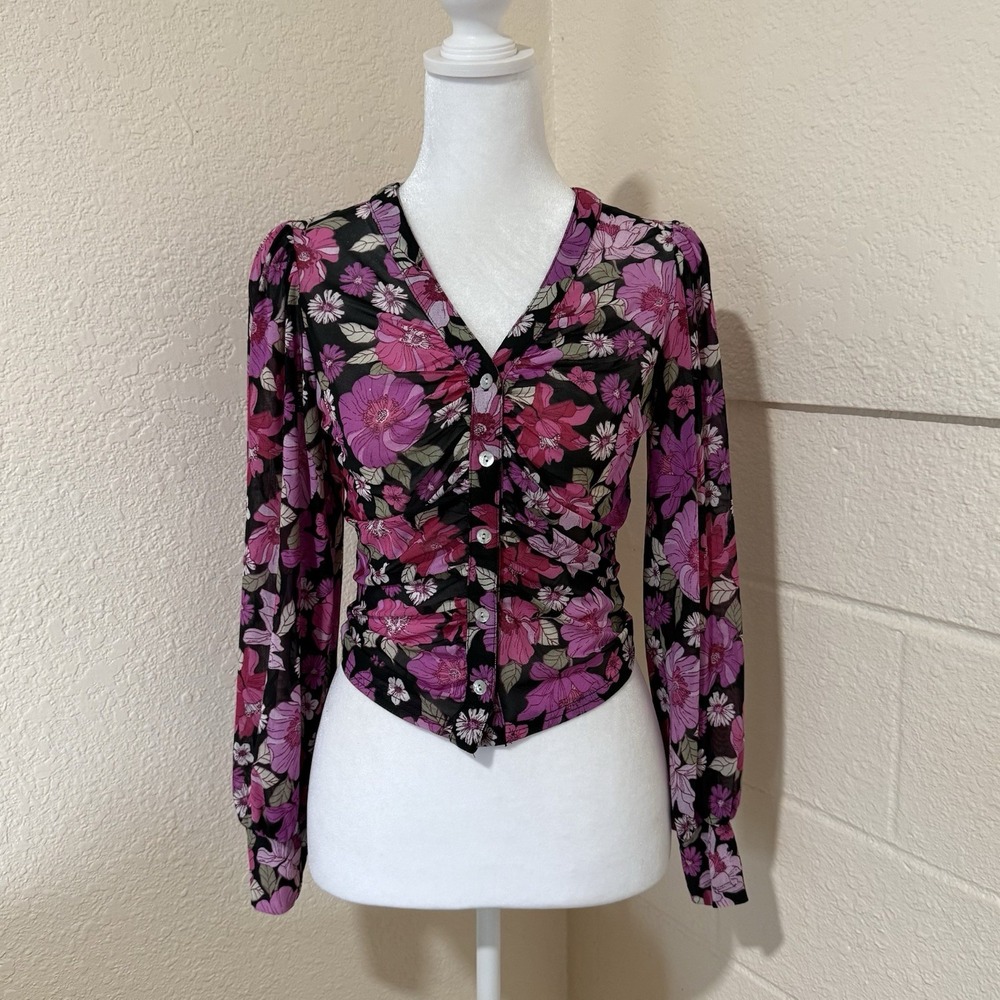 Ember Floral Mesh Top Womens Small Pink Ruched Button Front Long Sleeve Coquette